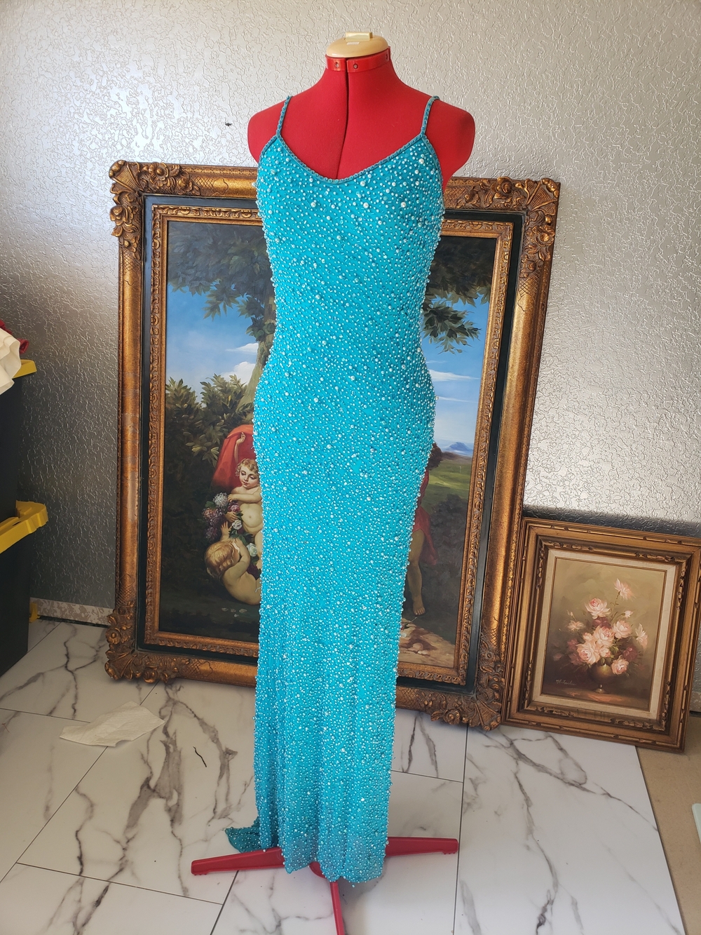 Dominique Turquoise Beaded Spaghetti-Strap Maxi Gown